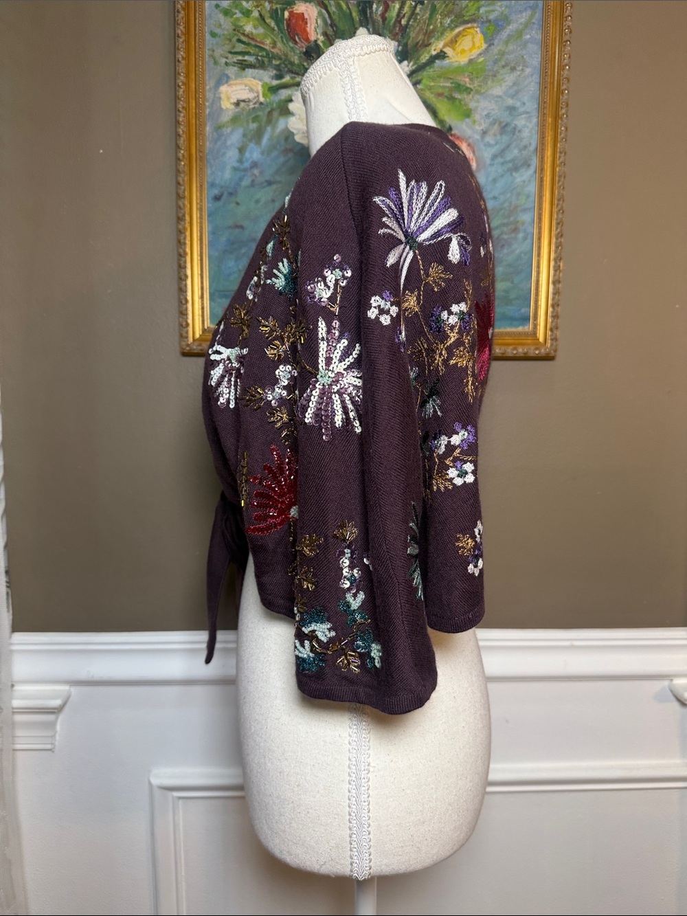 Arden B Y2K Silk Cashmere Beaded Embroidered Tie Front Shrug XS - Picture 2 of 11
